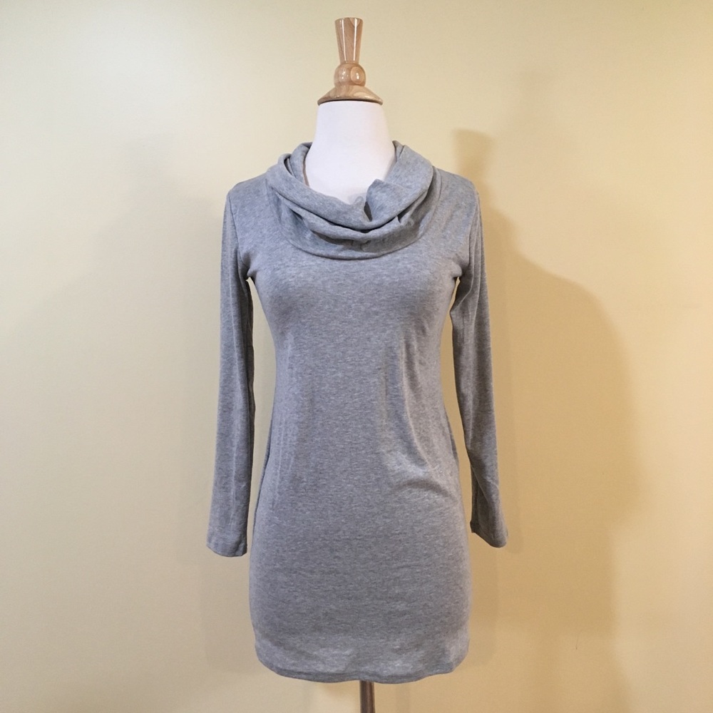 Cowl Neck Long Sleeve Soft Knit Pencil Dress Grey - Picture 3 of 5
